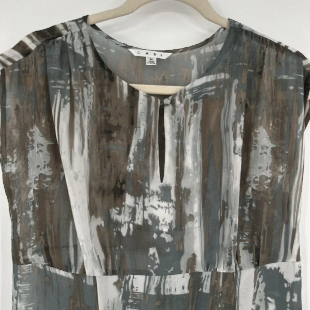 Cabi Shift Dress Womens Medium Gray Brown Abstract Print Keyhole Neck Sleeveless